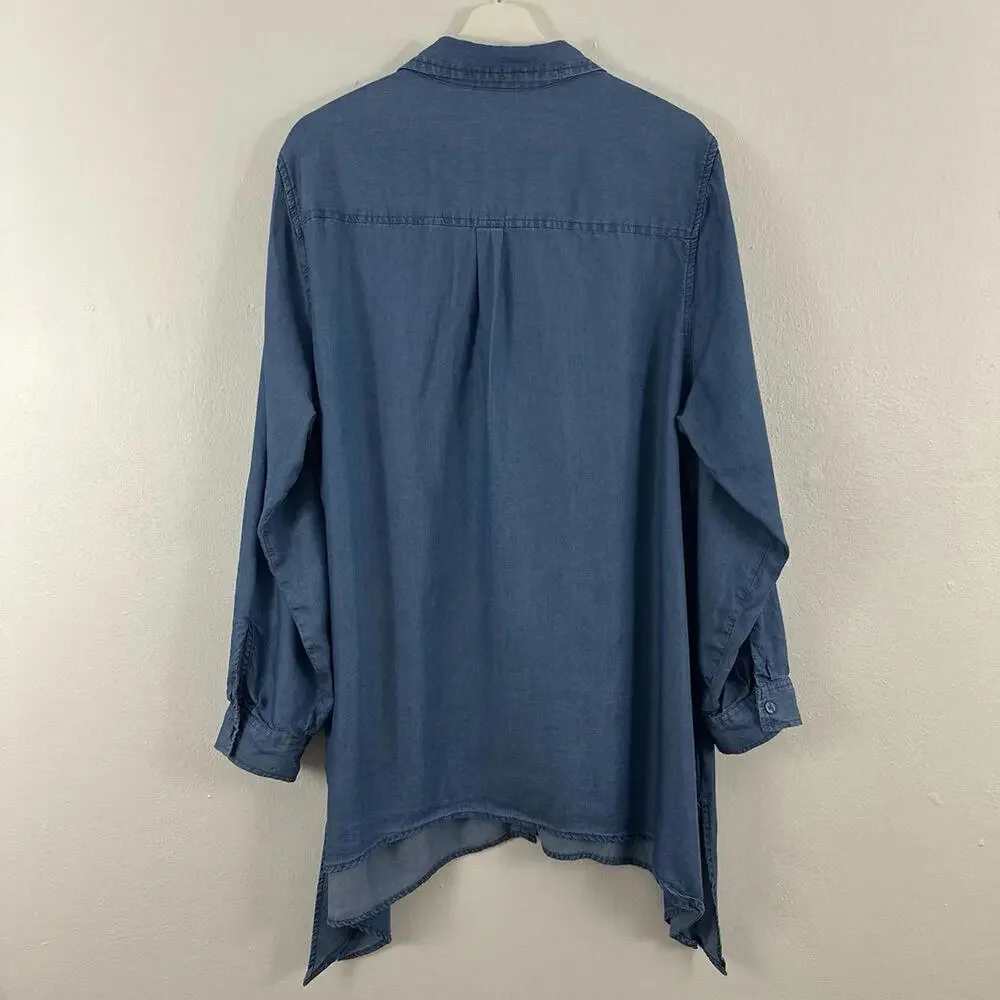 2/$20 Zac & Rachel Blue Button Up Blouse Tunic With Roll Sleeves Women's Size 2X - Picture 3 of 6
